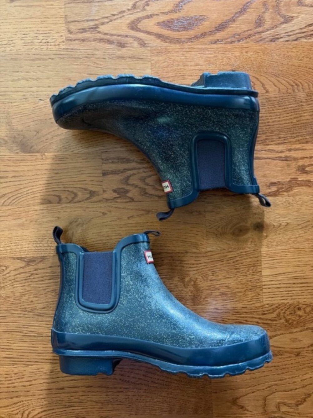 HUNTER Chelsea Ankle Boot Girl US 4 Navy Blue Glitter Rain Rubber Wellie 35/36